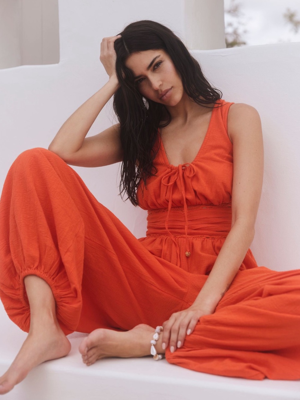 Free People Bright Red Crochet-Waist Jumpsuit